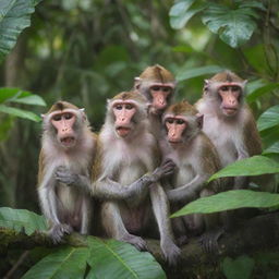 A troop of monkeys amusingly misbehaving, playing pranks on each other amidst tropical foliage