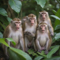 A troop of monkeys amusingly misbehaving, playing pranks on each other amidst tropical foliage