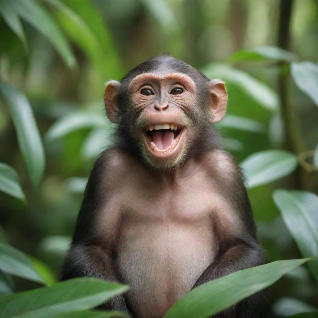 A single happy monkey, grinning from ear to ear, seated comfortably in a lush tropical jungle