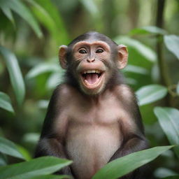 A single happy monkey, grinning from ear to ear, seated comfortably in a lush tropical jungle