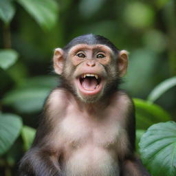 A single happy monkey, grinning from ear to ear, seated comfortably in a lush tropical jungle