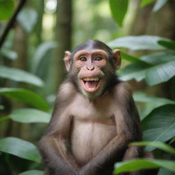 A single happy monkey, grinning from ear to ear, seated comfortably in a lush tropical jungle