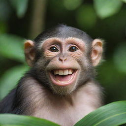 A single happy monkey, grinning from ear to ear, seated comfortably in a lush tropical jungle