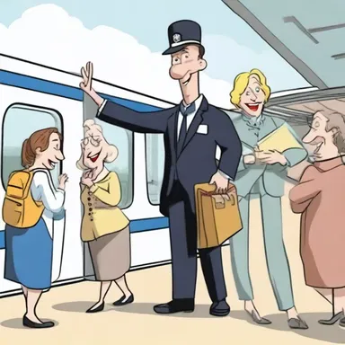 The porter in the cartoon waved goodbye to the passengers as they disembarked from the train.