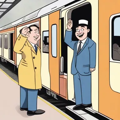 The porter in the cartoon waved goodbye to the passengers as they disembarked from the train.