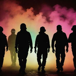 Silhouette figures in the form of protesters amid tear gas, set against an evocative fluorescent background with intricate patterns