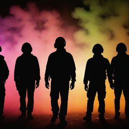 Silhouette figures in the form of protesters amid tear gas, set against an evocative fluorescent background with intricate patterns