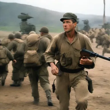 In the action-packed film, the fearless protagonist, portrayed by the renowned actor, seamlessly porter the heavy weaponry through the war-torn battleground.