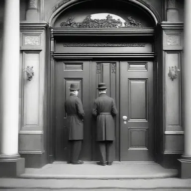 The grand hotel's elegant entrance featured a set of double doors, where a pair of decorative porters were positioned on each side to assist guests carrying their belongings.