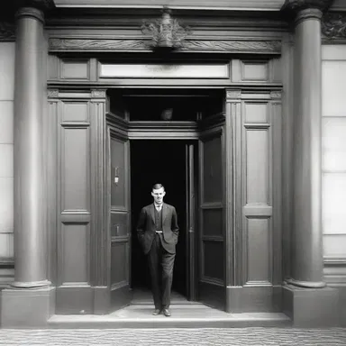 The grand hotel's elegant entrance featured a set of double doors, where a pair of decorative porters were positioned on each side to assist guests carrying their belongings.