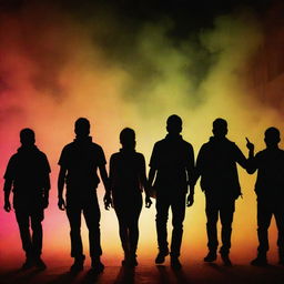 Silhouette figures in the form of protesters amid tear gas, set against an evocative fluorescent background with intricate patterns