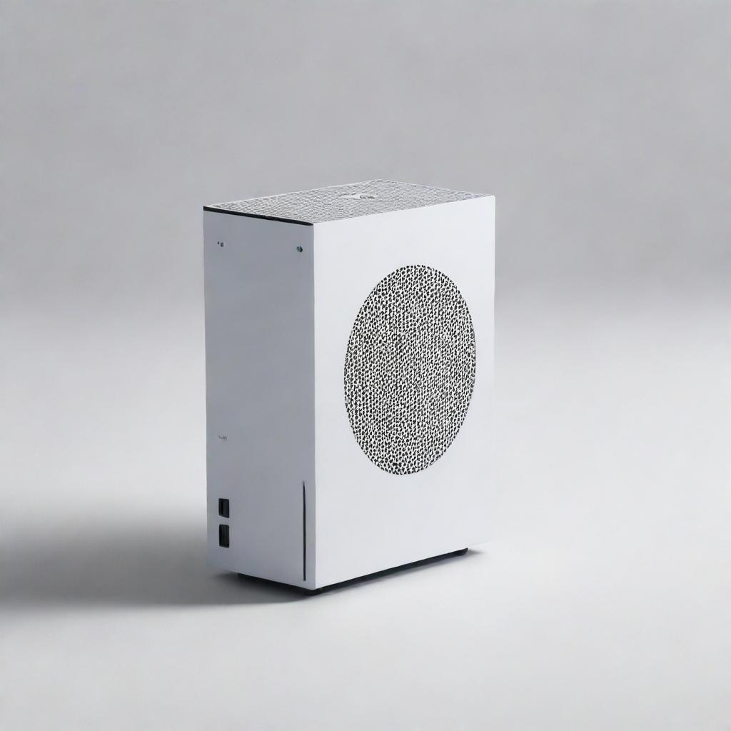 A sleek, compact Xbox Series S console lying on a clean, white surface with its minimalistic design and signature black vent grill catching the light.