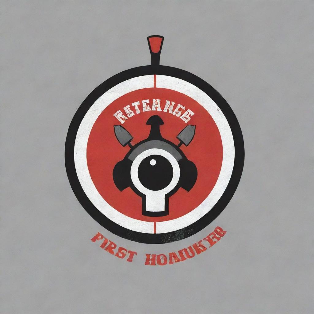 Design a clean yet eye-catching logo incorporating a first responder or fire fighter theme, elements of axe throwing, a target, and potentially a pool ball. Include the brand name within the design. Color palette should be red, black, and grey.