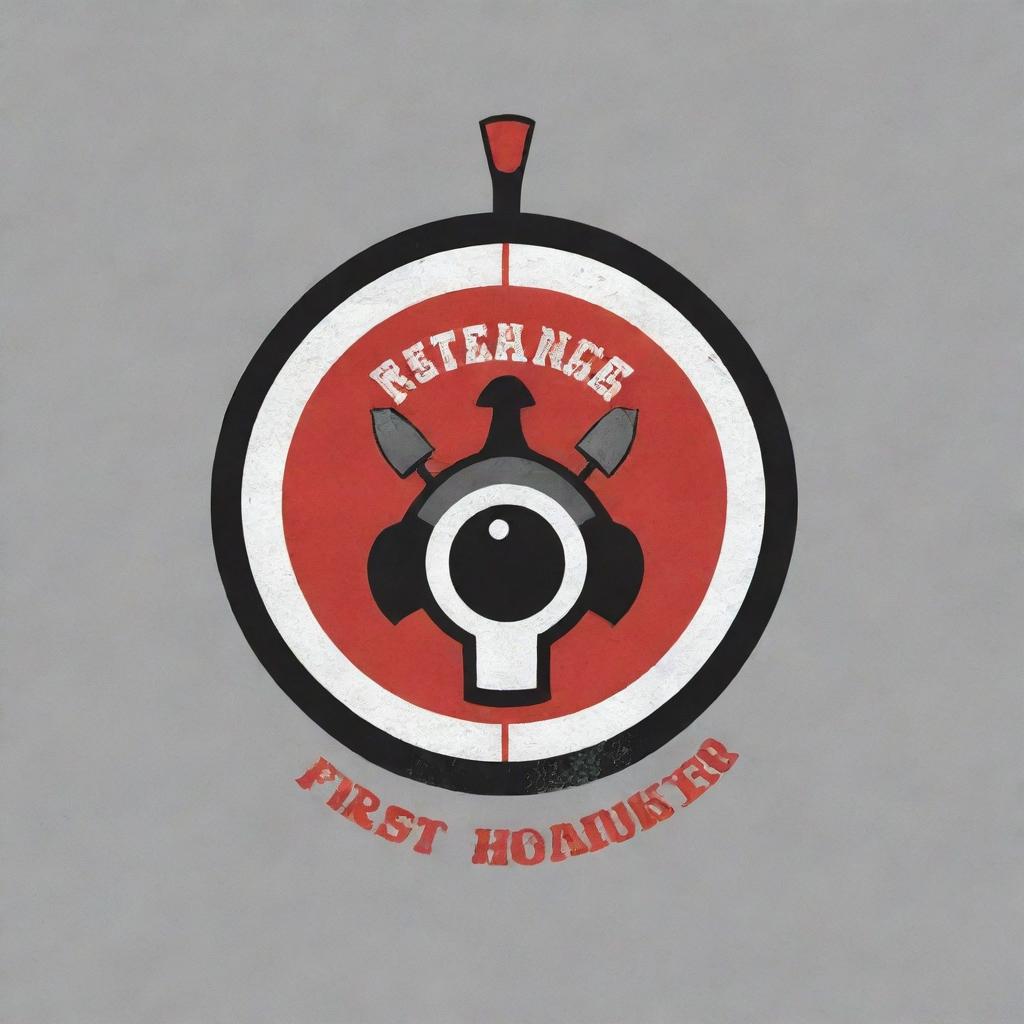 Design a clean yet eye-catching logo incorporating a first responder or fire fighter theme, elements of axe throwing, a target, and potentially a pool ball. Include the brand name within the design. Color palette should be red, black, and grey.