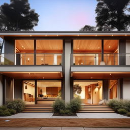 Generate an image of a two-story duplex bungalow with a modern aesthetic.