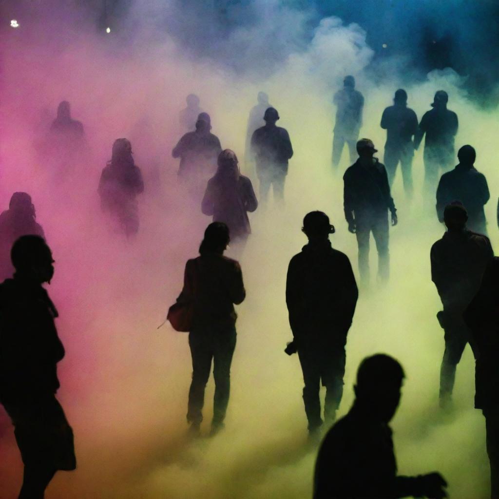 People shaped like demonstrators amid a tear gas can, set against an intricate fluorescent background decorated with beautiful patterns