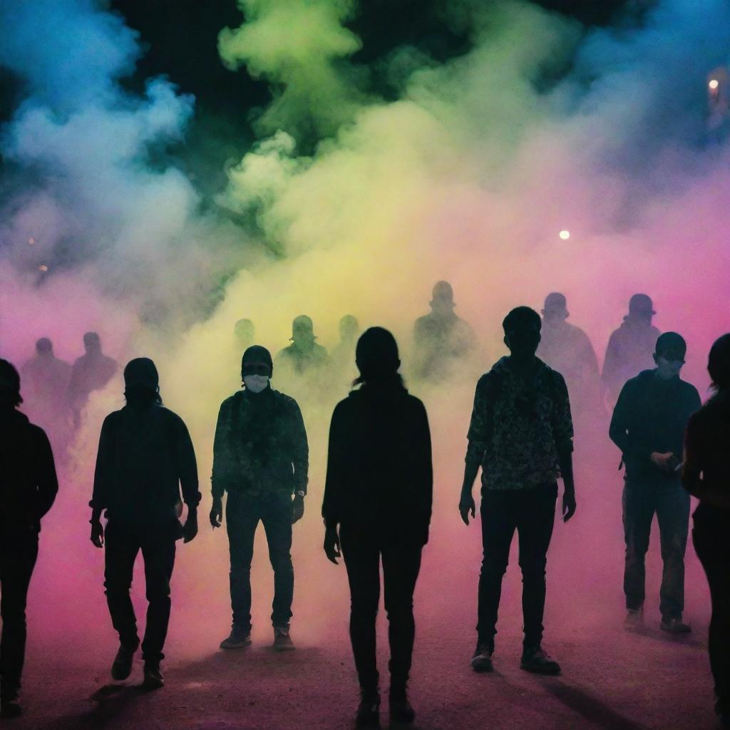 People shaped like demonstrators amid a tear gas can, set against an intricate fluorescent background decorated with beautiful patterns