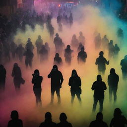 People shaped like demonstrators amid a tear gas can, set against an intricate fluorescent background decorated with beautiful patterns