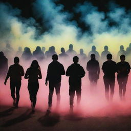 People shaped like demonstrators amid a tear gas can, set against an intricate fluorescent background decorated with beautiful patterns