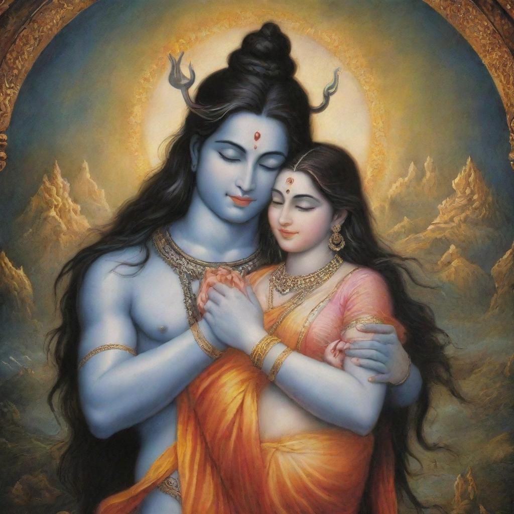 Lord Shiva cradling Sita Maa in his arms, a serene and divine scene filled with love and compassion.