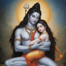 Lord Shiva cradling Sita Maa in his arms, a serene and divine scene filled with love and compassion.