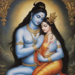 Lord Shiva cradling Sita Maa in his arms, a serene and divine scene filled with love and compassion.