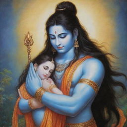 Lord Shiva cradling Sita Maa in his arms, a serene and divine scene filled with love and compassion.