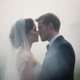 A tender couple standing close, their silhouettes subtly visible through a veil of misty smoke.