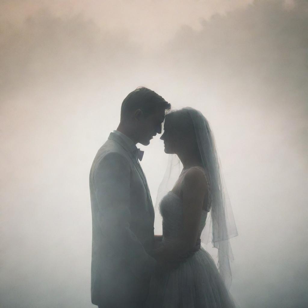 A tender couple standing close, their silhouettes subtly visible through a veil of misty smoke.