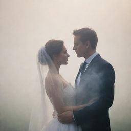 A tender couple standing close, their silhouettes subtly visible through a veil of misty smoke.