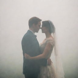 A tender couple standing close, their silhouettes subtly visible through a veil of misty smoke.