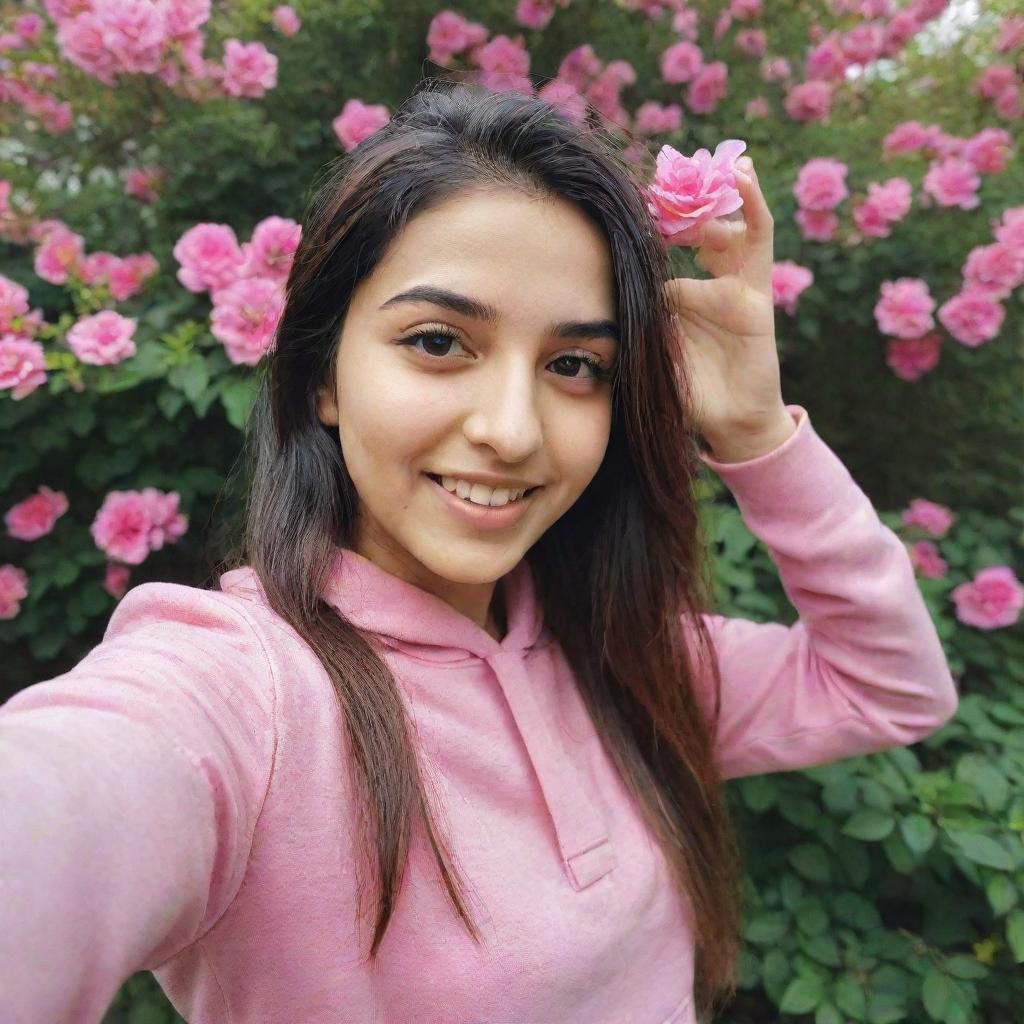 A vibrant and beautiful Pakistani girl, dressed in a rosy pink hoodie, enthusiastically capturing a selfie amidst the blossoming greenery of a garden.