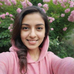 A vibrant and beautiful Pakistani girl, dressed in a rosy pink hoodie, enthusiastically capturing a selfie amidst the blossoming greenery of a garden.