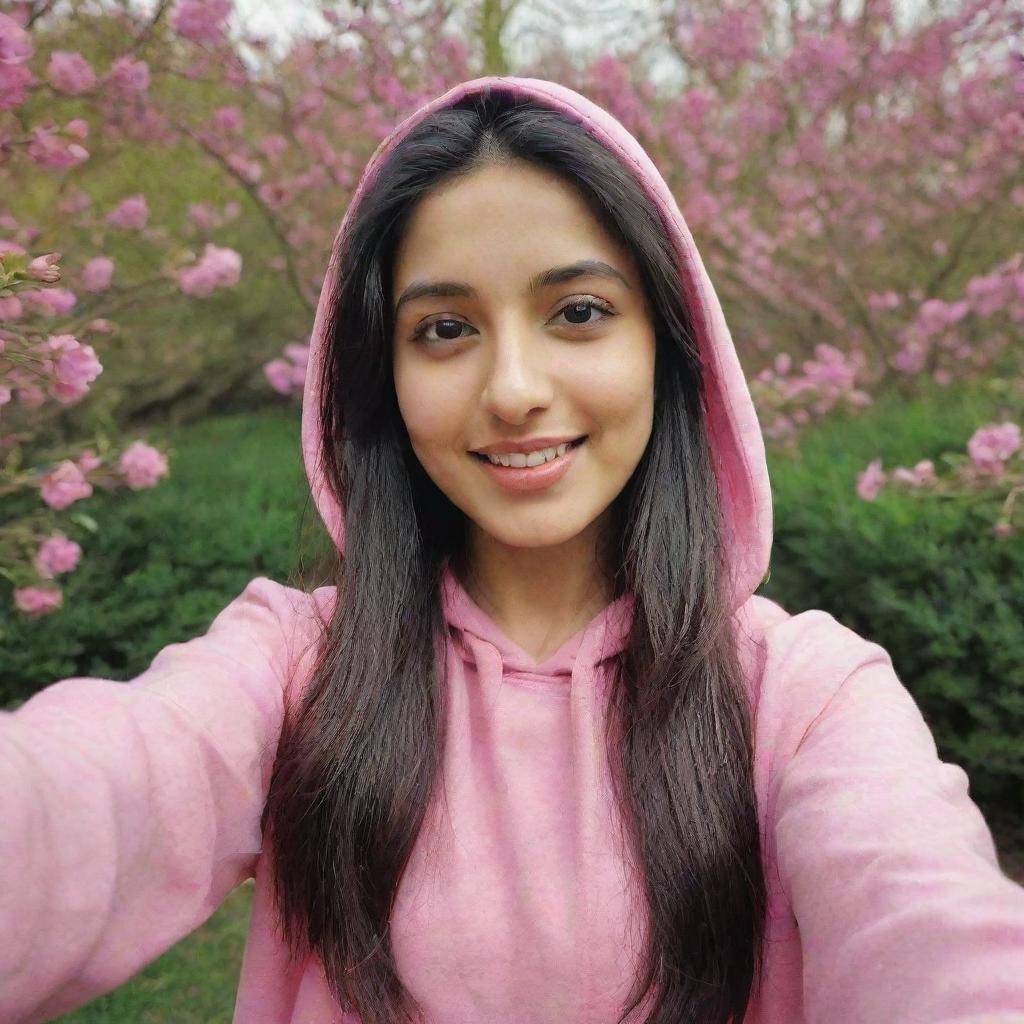 A vibrant and beautiful Pakistani girl, dressed in a rosy pink hoodie, enthusiastically capturing a selfie amidst the blossoming greenery of a garden.