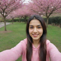 A vibrant and beautiful Pakistani girl, dressed in a rosy pink hoodie, enthusiastically capturing a selfie amidst the blossoming greenery of a garden.