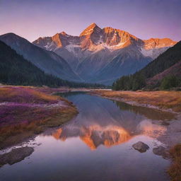 A breathtaking view of a mountain range during sunset, illuminated by soft orange and purple hues, with a clear river reflecting the spectacular vista