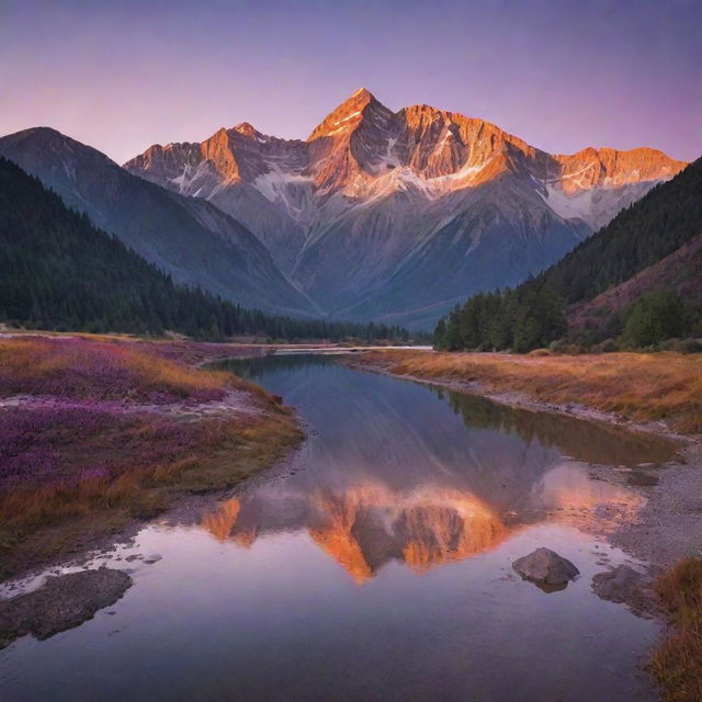 A breathtaking view of a mountain range during sunset, illuminated by soft orange and purple hues, with a clear river reflecting the spectacular vista