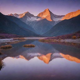 A breathtaking view of a mountain range during sunset, illuminated by soft orange and purple hues, with a clear river reflecting the spectacular vista