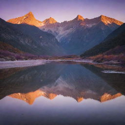 A breathtaking view of a mountain range during sunset, illuminated by soft orange and purple hues, with a clear river reflecting the spectacular vista