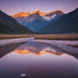 A breathtaking view of a mountain range during sunset, illuminated by soft orange and purple hues, with a clear river reflecting the spectacular vista