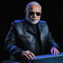 Narendra Modi in cyberpunk styled hacker's outfit, with dark shades, a black leather jacket studded with LED lights, and a neon-lit keyboard.