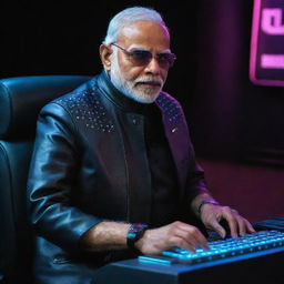 Narendra Modi in cyberpunk styled hacker's outfit, with dark shades, a black leather jacket studded with LED lights, and a neon-lit keyboard.