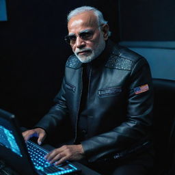 Narendra Modi in cyberpunk styled hacker's outfit, with dark shades, a black leather jacket studded with LED lights, and a neon-lit keyboard.