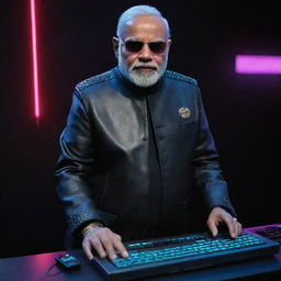 Narendra Modi in cyberpunk styled hacker's outfit, with dark shades, a black leather jacket studded with LED lights, and a neon-lit keyboard.