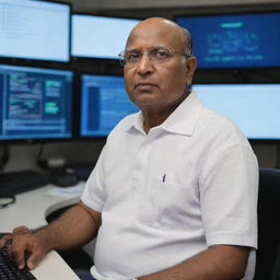 Sharad Pawar dressed as a software engineer, wearing a casual polo shirt, glasses, and sitting in front of a triple monitor setup with lines of code visible on the screen.