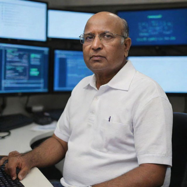 Sharad Pawar dressed as a software engineer, wearing a casual polo shirt, glasses, and sitting in front of a triple monitor setup with lines of code visible on the screen.