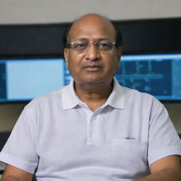 Sharad Pawar dressed as a software engineer, wearing a casual polo shirt, glasses, and sitting in front of a triple monitor setup with lines of code visible on the screen.