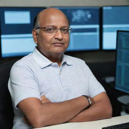 Sharad Pawar dressed as a software engineer, wearing a casual polo shirt, glasses, and sitting in front of a triple monitor setup with lines of code visible on the screen.