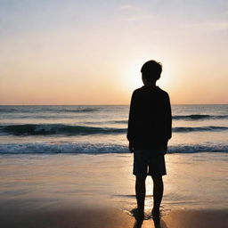 A sorrowful boy standing by the sea during sunset, with waves gently crashing around his feet and his silhouette outlined against the sky.