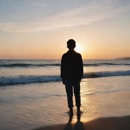 A sorrowful boy standing by the sea during sunset, with waves gently crashing around his feet and his silhouette outlined against the sky.